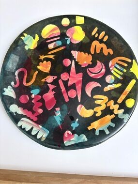 Abstract Round Wall Art in Black with Multicolor Accents